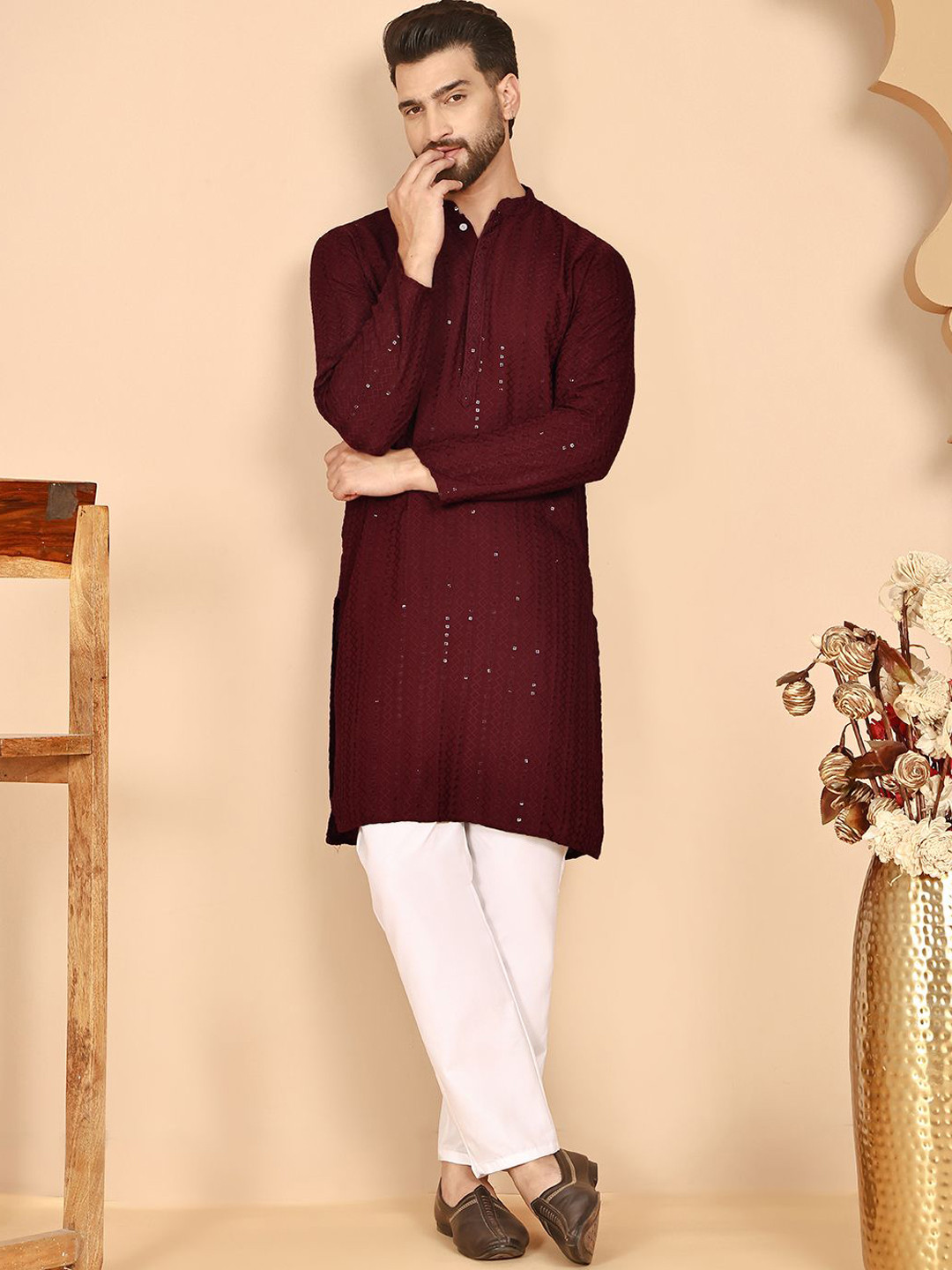 Anouk Geometric Embroidered Sequinned Straight Kurta With Pyjamas