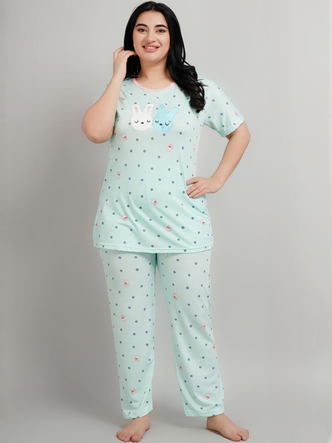 FITIN OUTFIT Women Coral Green Rabbit Printed Night suit