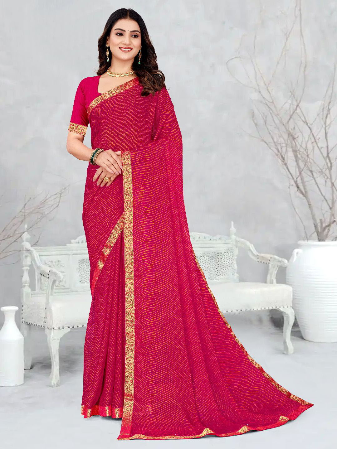 Panzora Leheriya Printed Saree With Attached Border And Matching Blouse Piece
