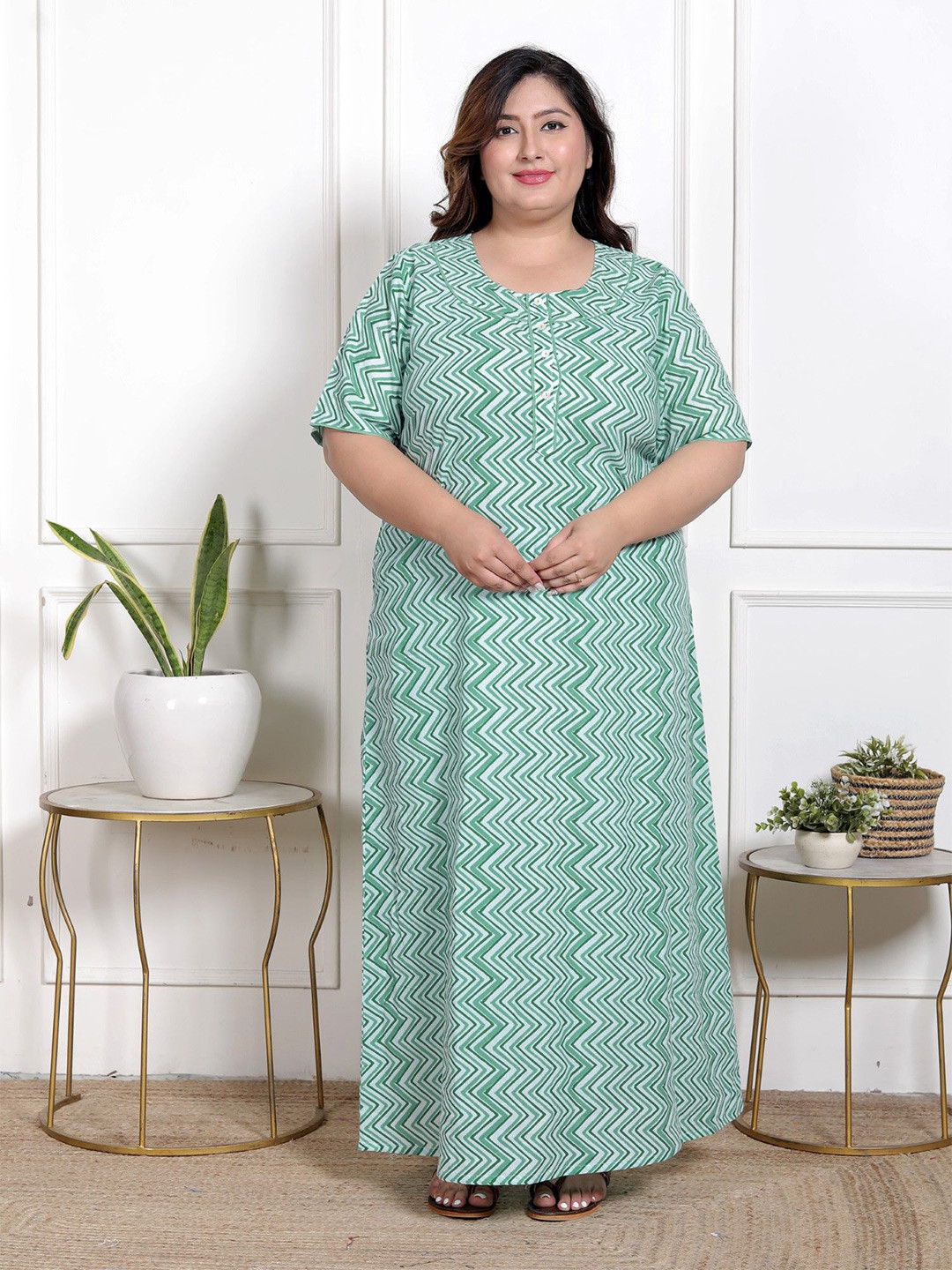 KALINI Plus Size Chevron Printed Comfortable Sleepwear Pure Cotton Maxi Nightgown