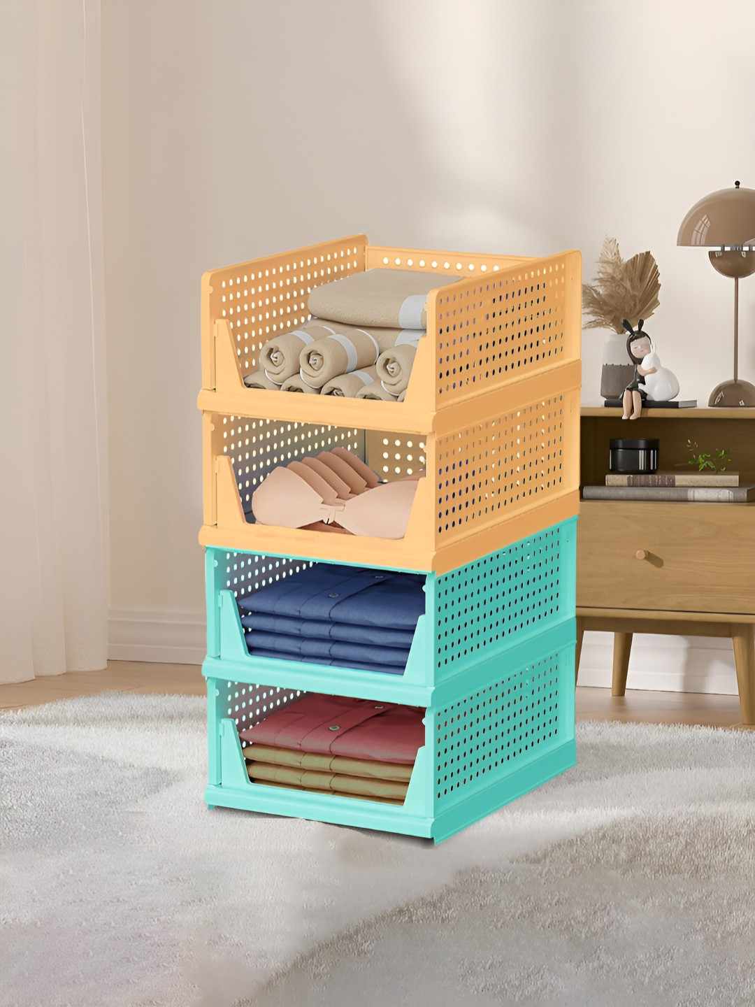RUBOXA 4 Pcs Green & Cream Foldable Shirt Stacker