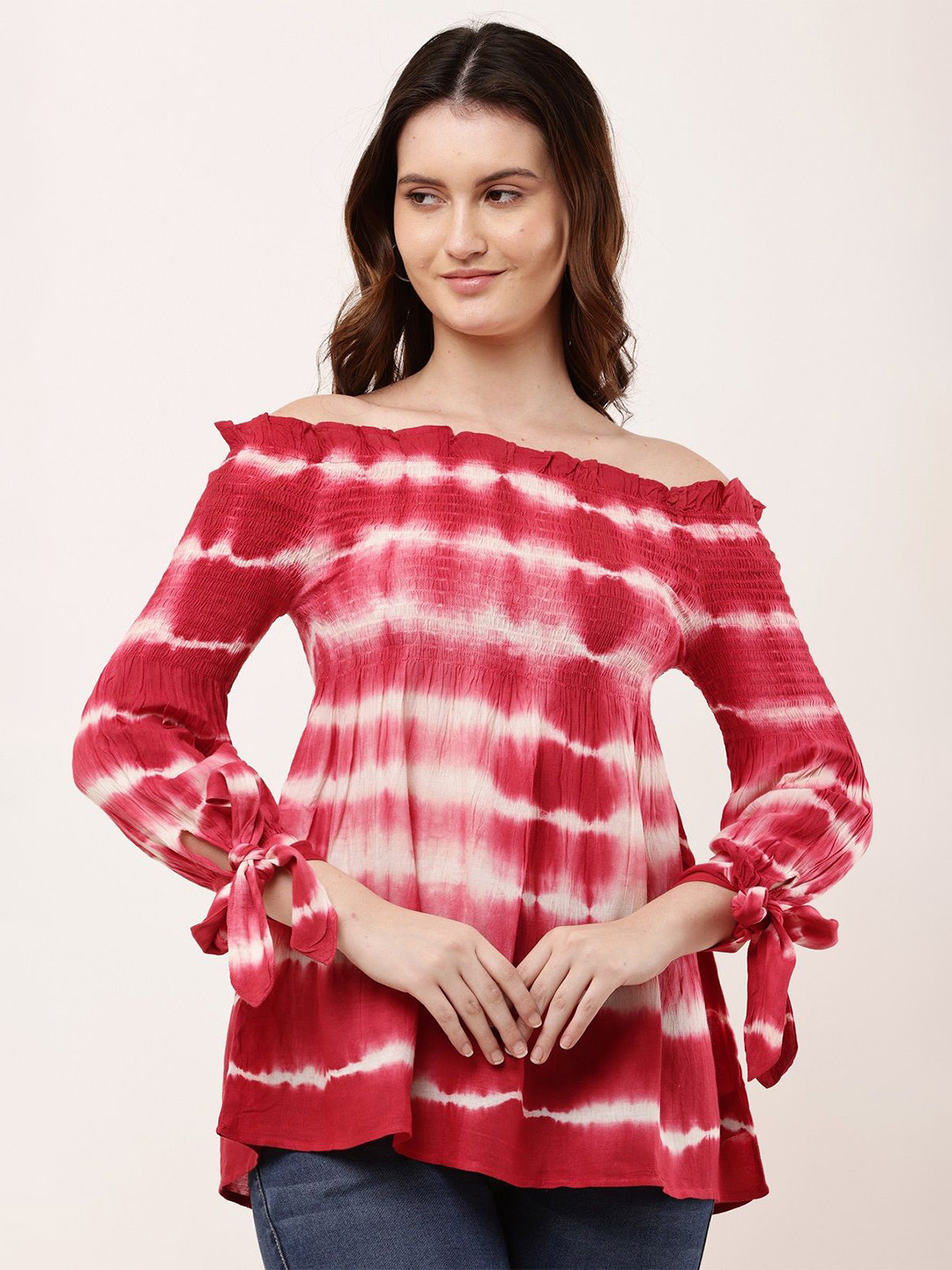 CLOTHINK INDIA Women Tie and Dye Dyed Off-Shoulder Smocking Cotton Top