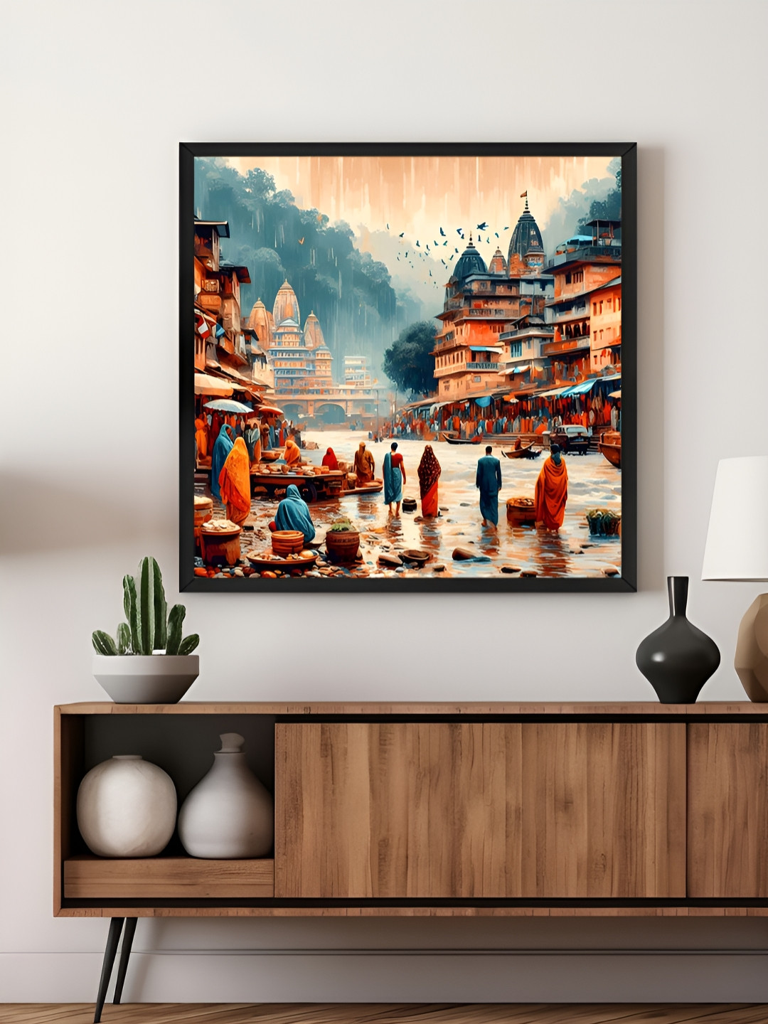 999Store Blue & Orange Monsoon In The Sacred City Of People Walking Canvas Wall Art
