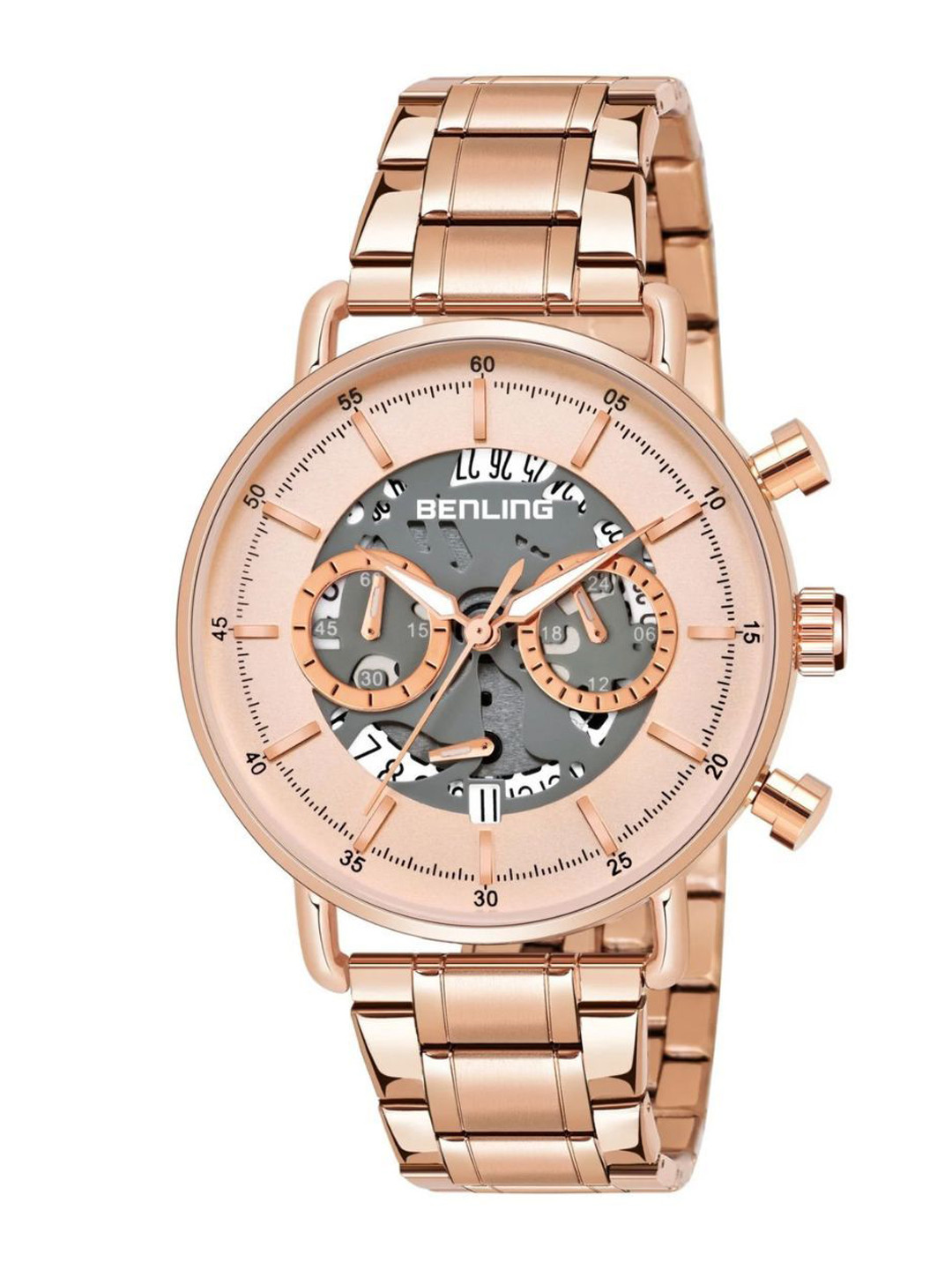 BENLING Men Skeleton Dial Analogue Watch BL-1033-GRY-WYT-RGLD