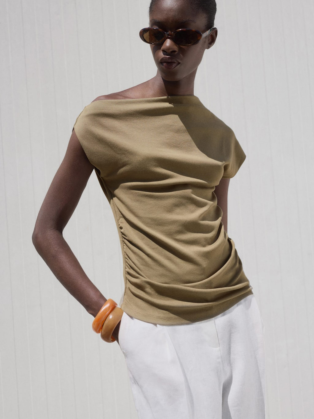 MANGO Ruched Effect One Shoulder Extended Sleeves Top