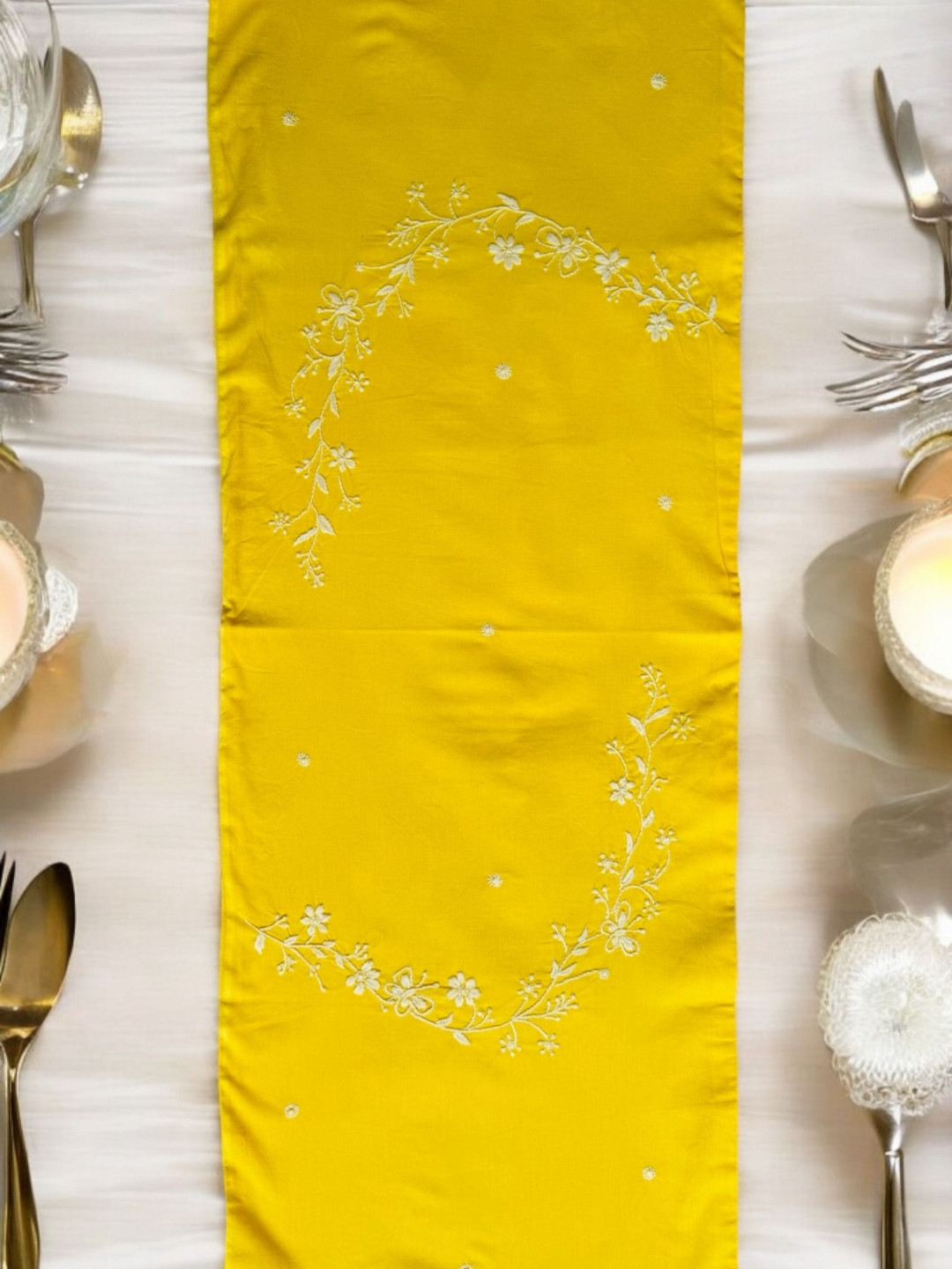 Inara Yellow & White Embroidered Pure Cotton TableRunner