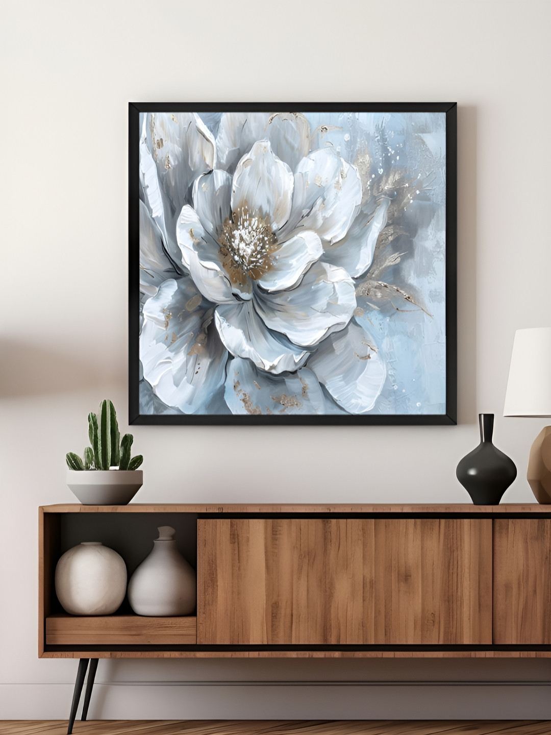 999Store White & Blue Flower With Abstract Effect Modern Canvas Wall Art