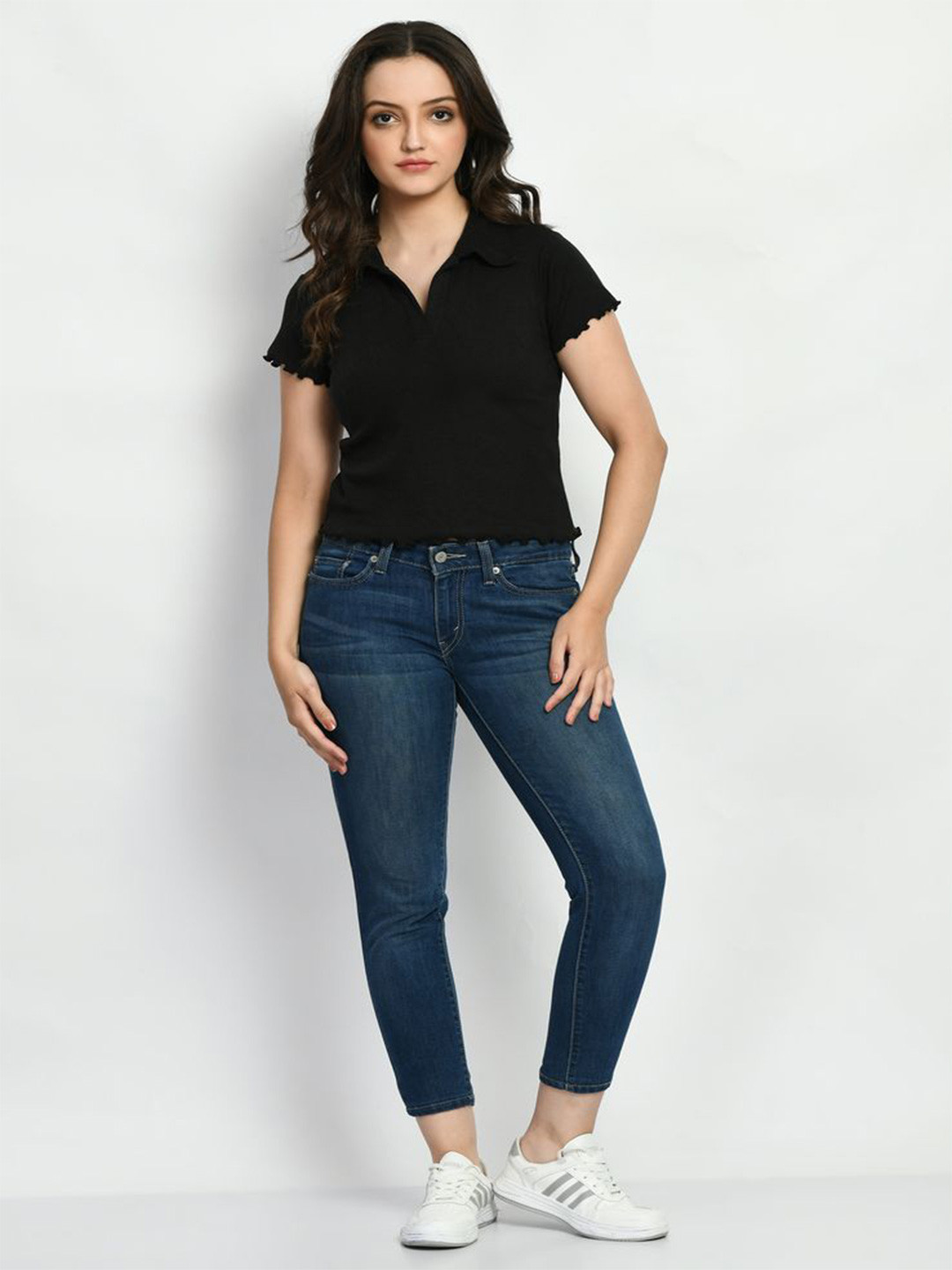 Brainbees Women Black Cotton Ribbed Shirt Collar Top