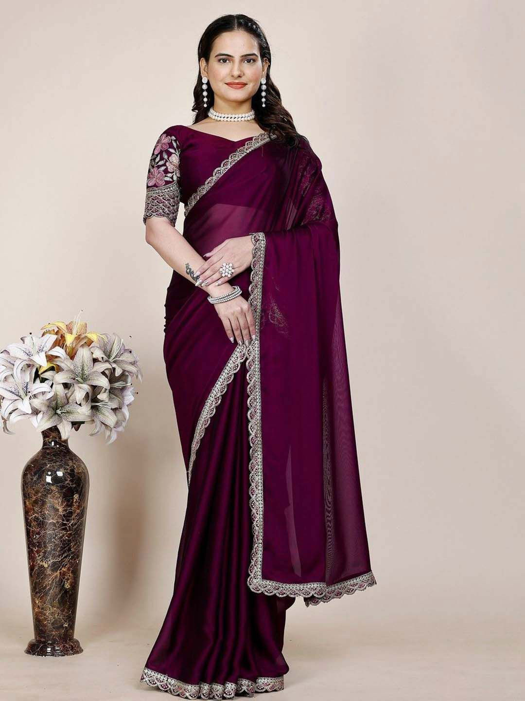 ANJANI TEXTILE Tissue Saree with Embroidered Sequinned Border