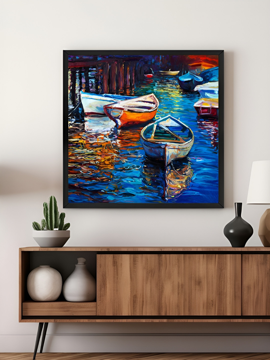 999Store Blue & Orange Canvas Boats Dock Wall Art