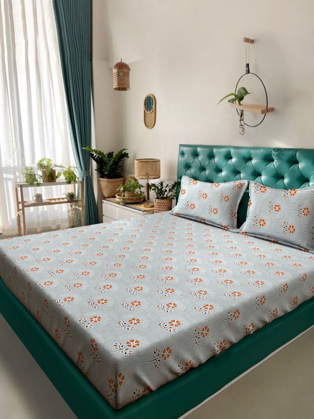 Myntra Elegant Homes Grey & Red Floral Pure Cotton 400 TC King Bedsheet Set 2.5m x 2.25m