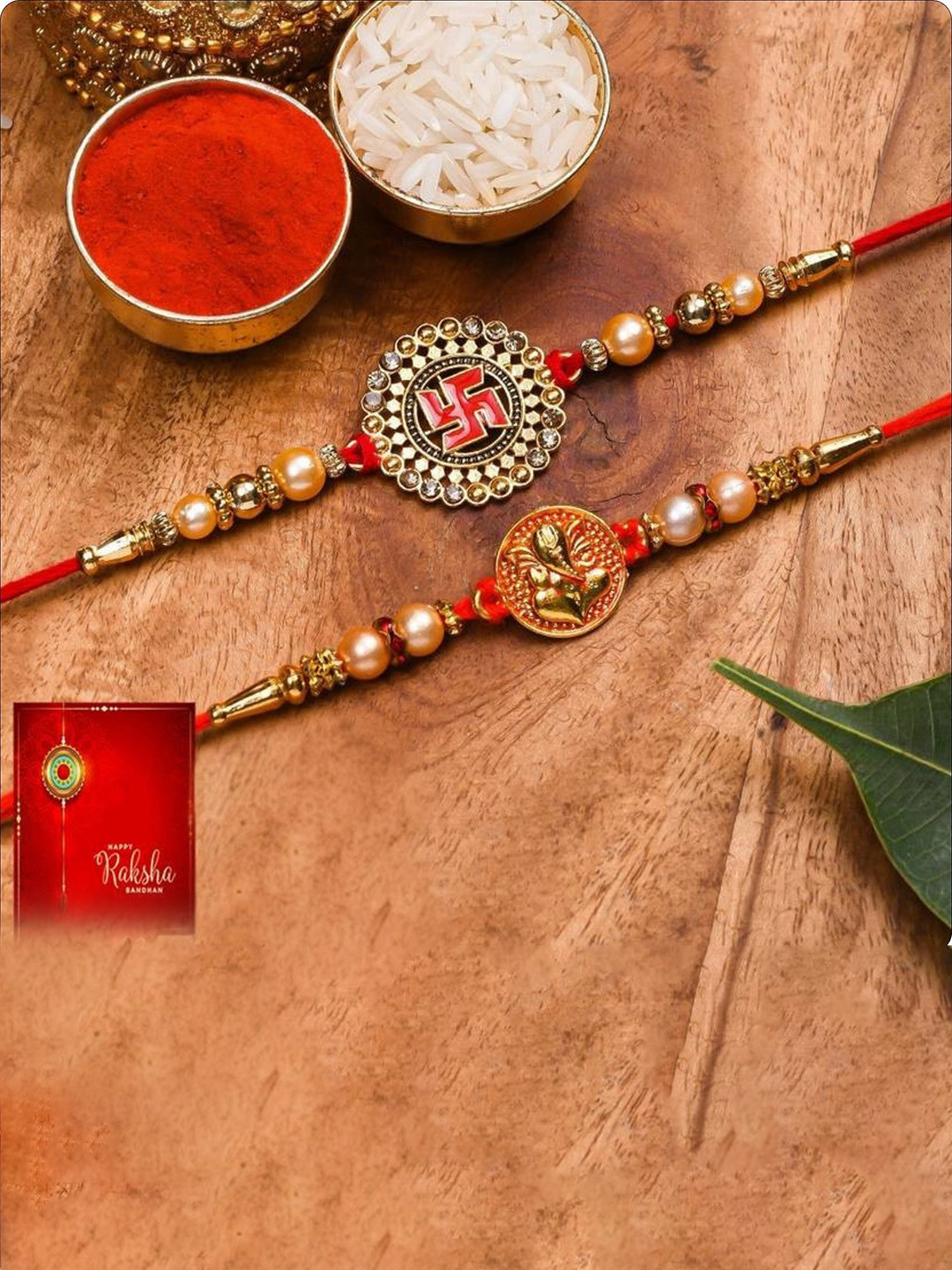 POORAK 4-Pcs Rakhi Chawal Set & Greeting Card Rakhi Gift Set