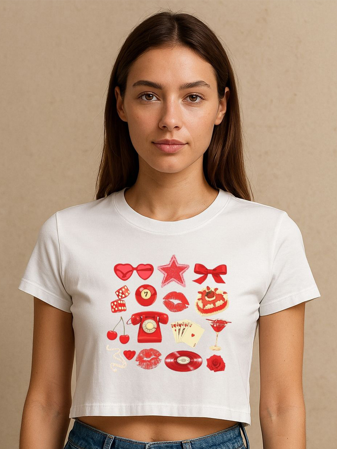 Art By Ritik Graphic Red Collage Printed Cotton Crop Tshirts