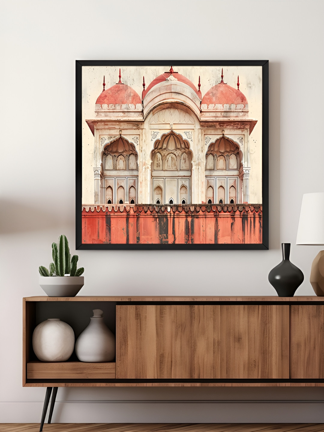 999Store Pink & Beige Fort Facade Likely Inspired By Mughal Architecture Canvas Wall Art