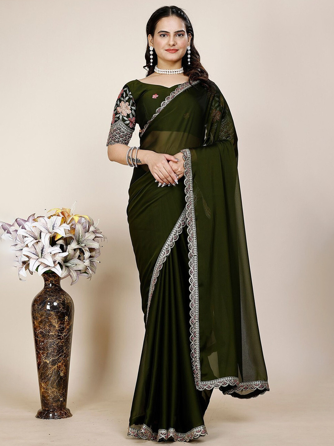 ANJANI TEXTILE Sequinned Tissue Saree with an unstitched blouse piece