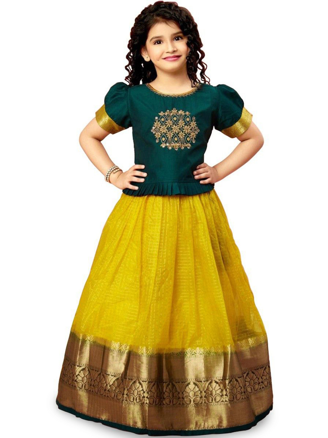 White Button Girls Embroidered Silk Ready to Wear Lehenga & Choli