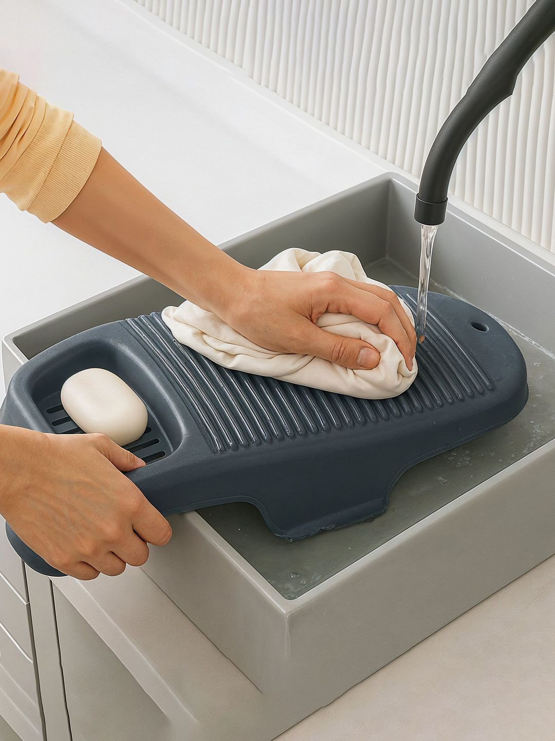 Kuber Industries Grey Plastic Hand Washboard for Washing Clothes with Soap Holder