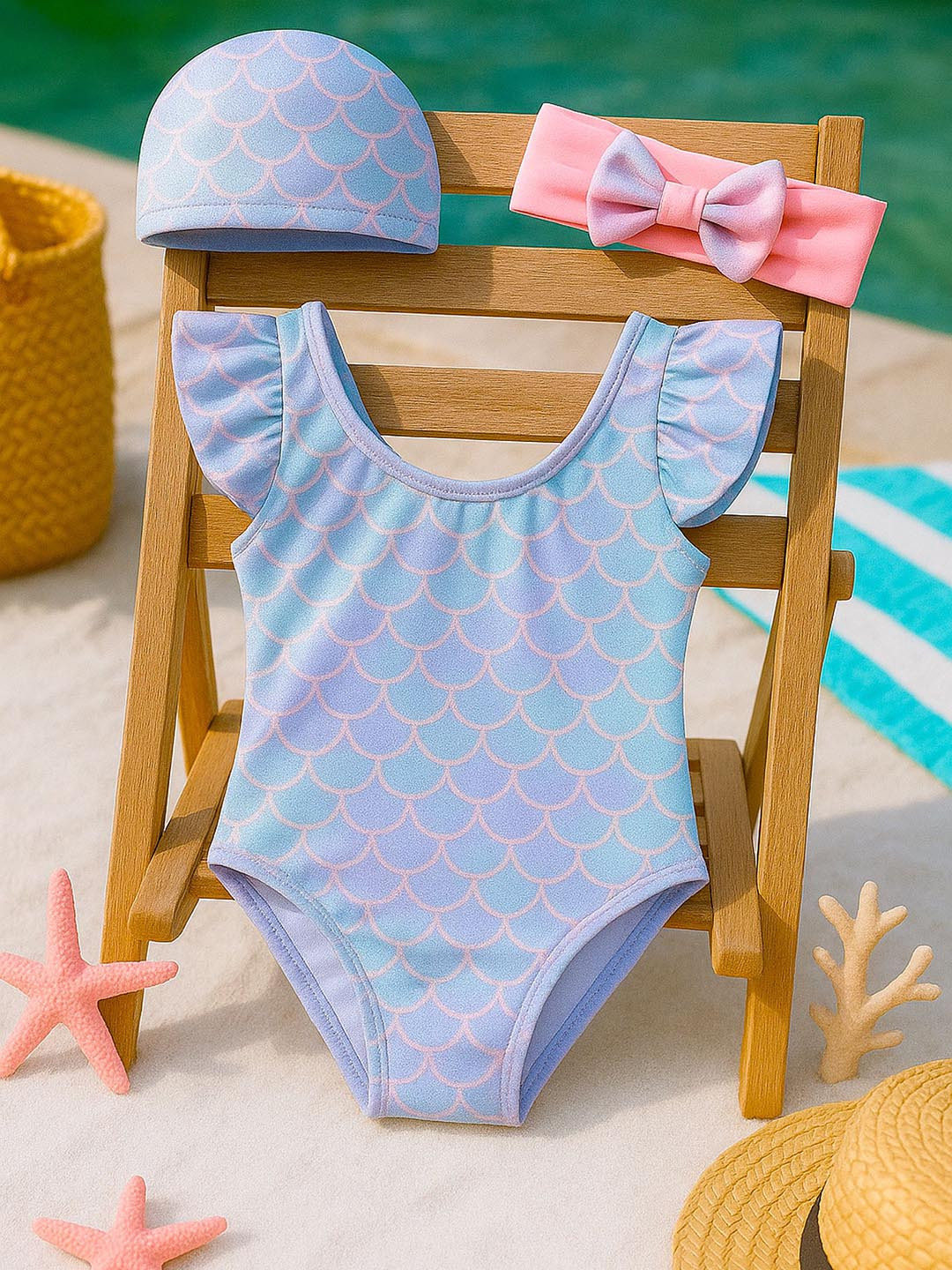 bubble berry Girls Printed Swim Bodysuit With Bow Cap & Headband