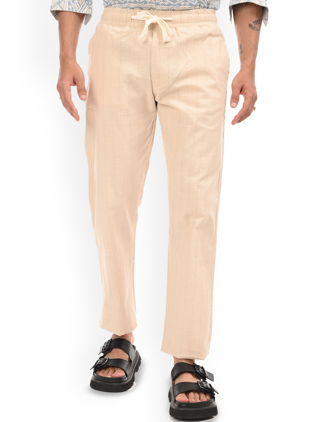 Estilocus Men Beige Linen Blend Straight Fit Striped Trouser