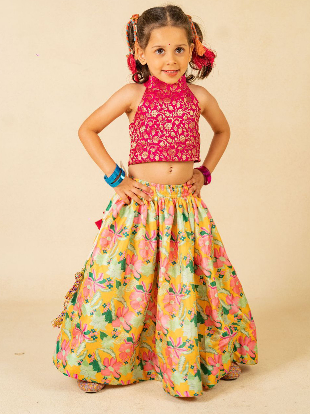 Jilmil Girls Woven Design Sleeveless Halter Neck With Bandhni Mirror Work Lehenga