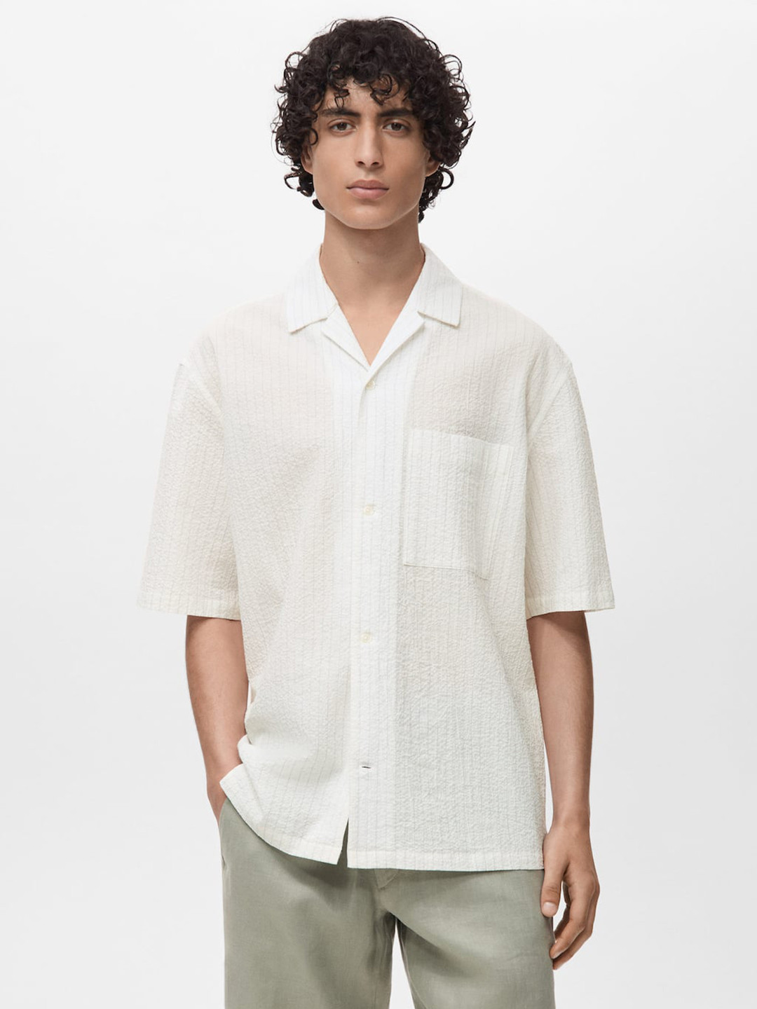MANGO MAN Pinstriped Crinkle Effect Cuban Collar Casual Relaxed Fit Shirt