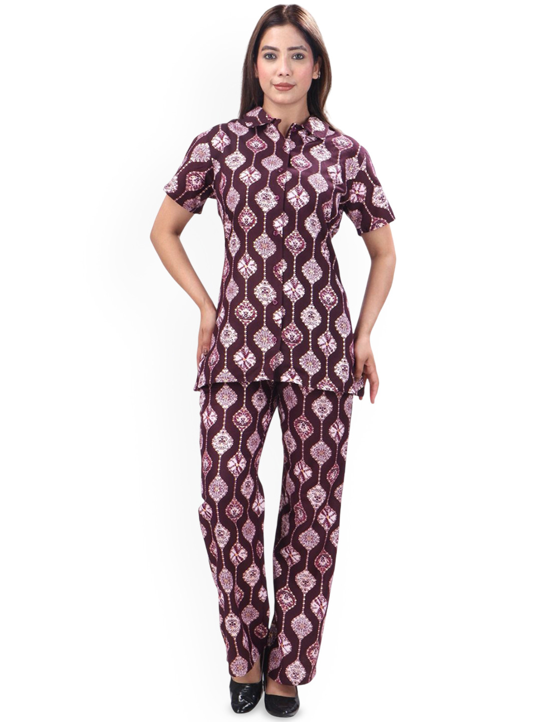 CLINT Women Ethnic Motifs Printed Shirt Collar Night Suits