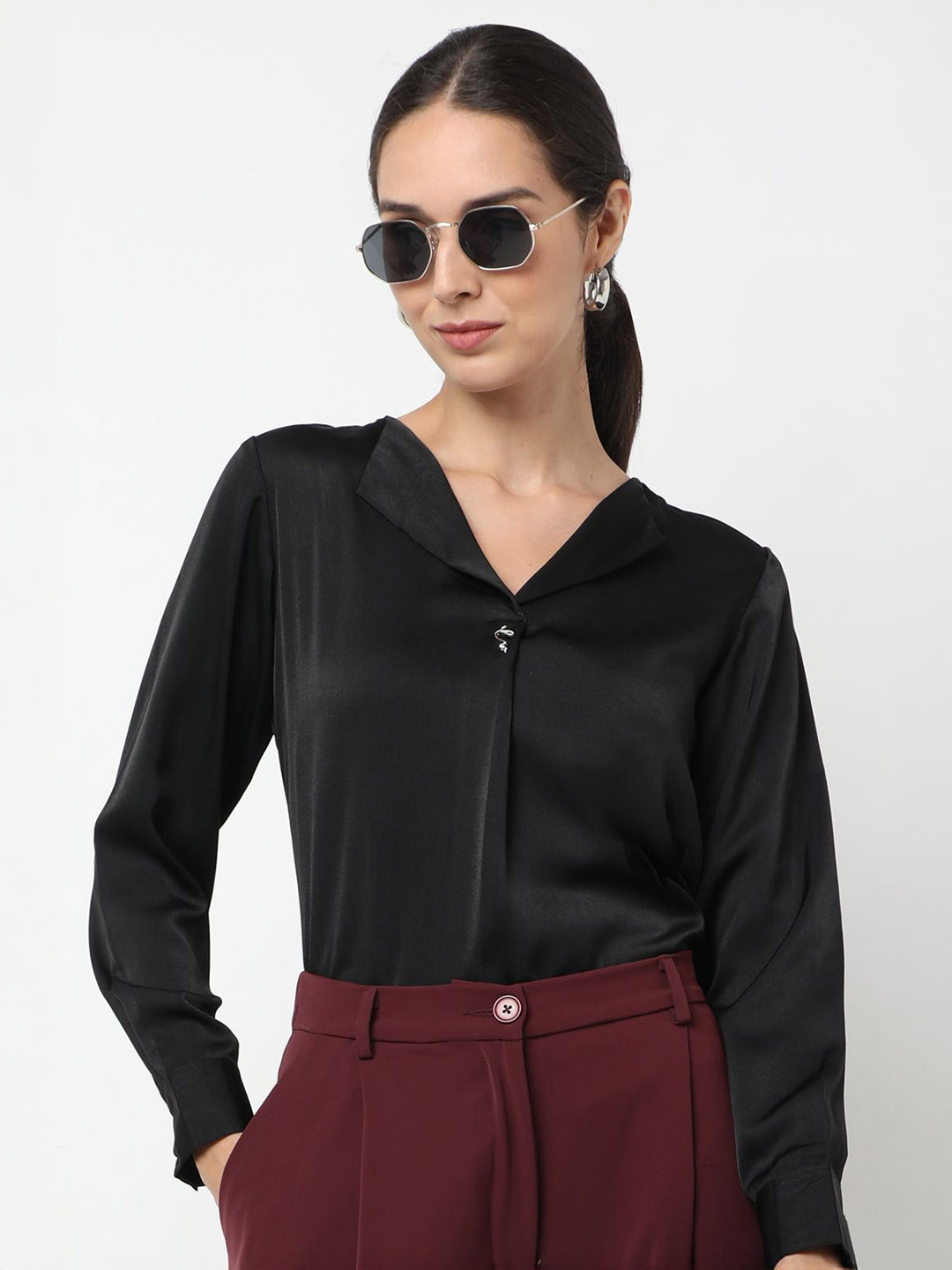 NOT SO PINK Women Relaxed Fit Solid Collarless Casual Shirt