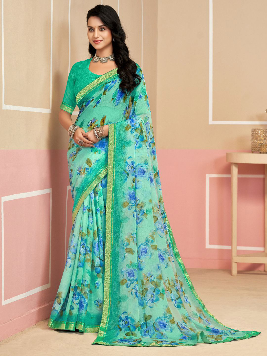 LeeliPeeri Designer Floral Printed Saree With Attached Border