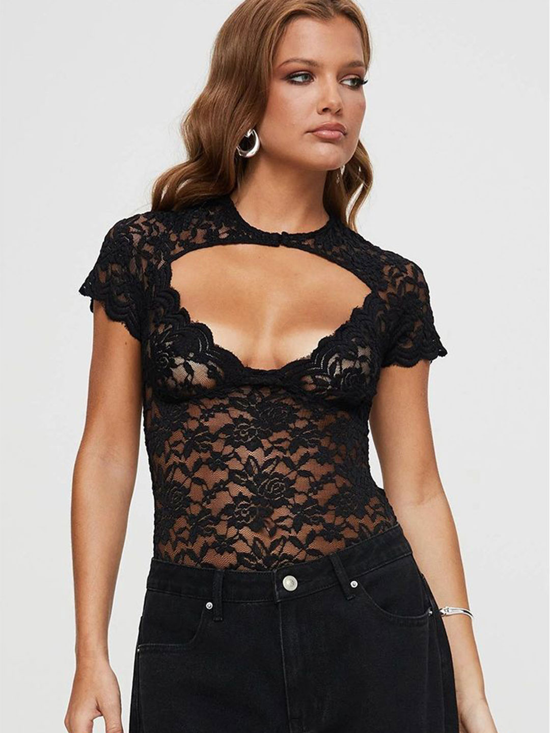 LULU & SKY Women Sheer Lace Cut-out Detail Bodysuit Top