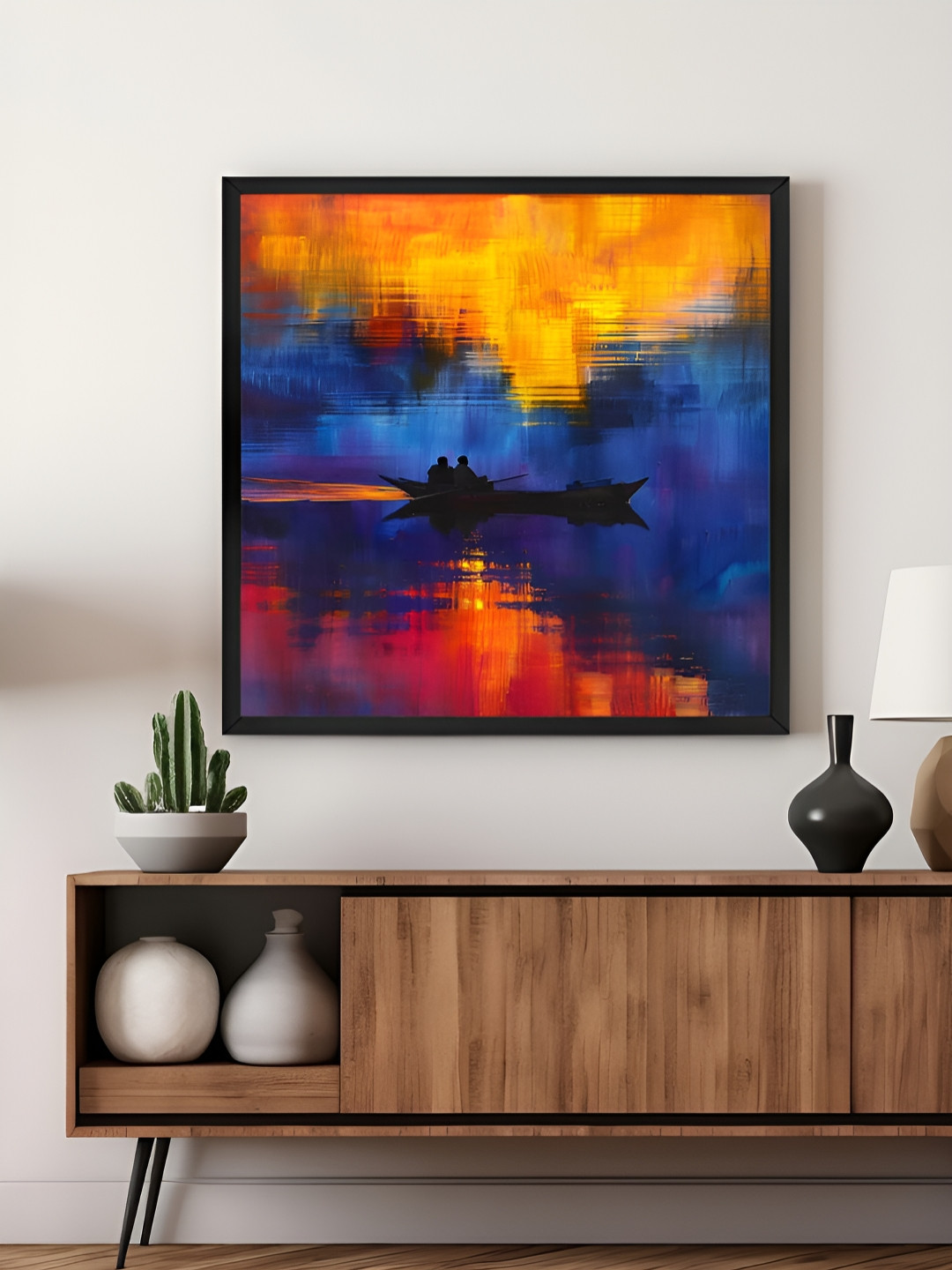 999Store Blue & Yellow Sunset Boat Canvas Wall Art