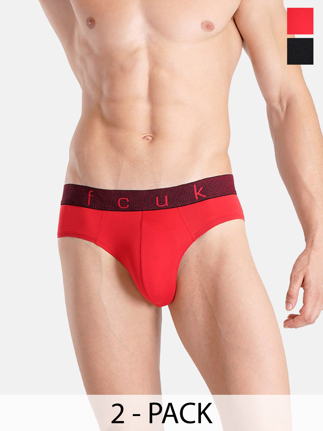 FCUK Men Pack Of 2 Low-Rise Ultrasoft Hipster Briefs GUSTON-BSALSA-JET BLACK-S