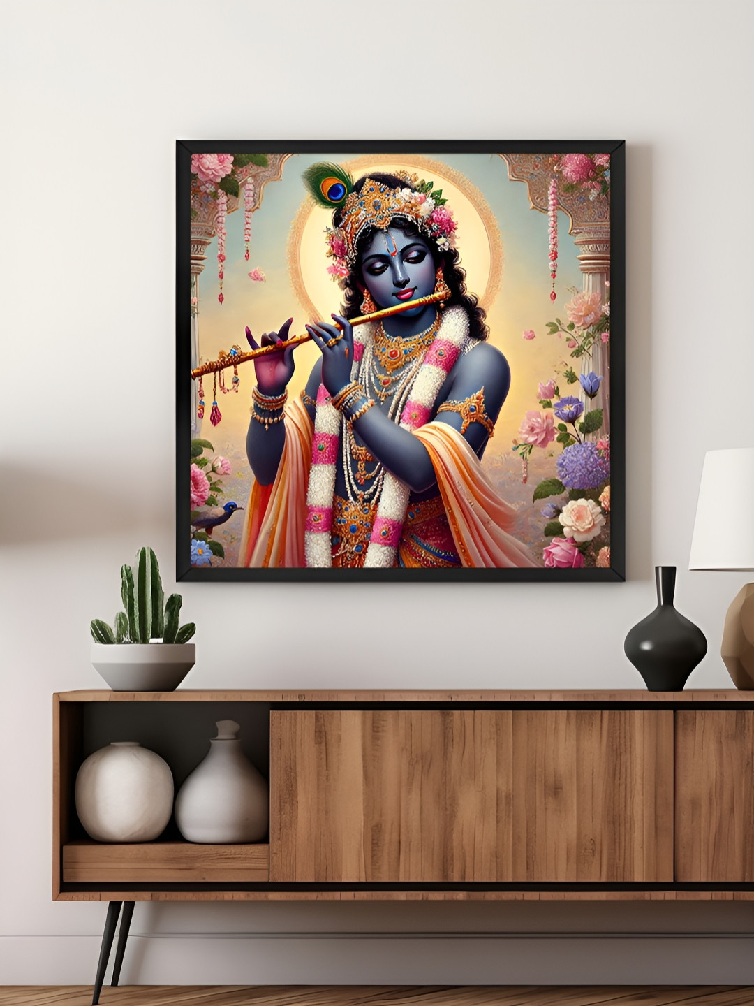 999Store Pink & Grey Krishna With Flowers Canvas Painting Wall Art