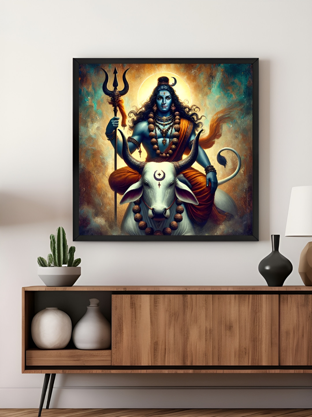 999Store Orange & Blue Shiva With Nandi Religious Canvas Wall Art
