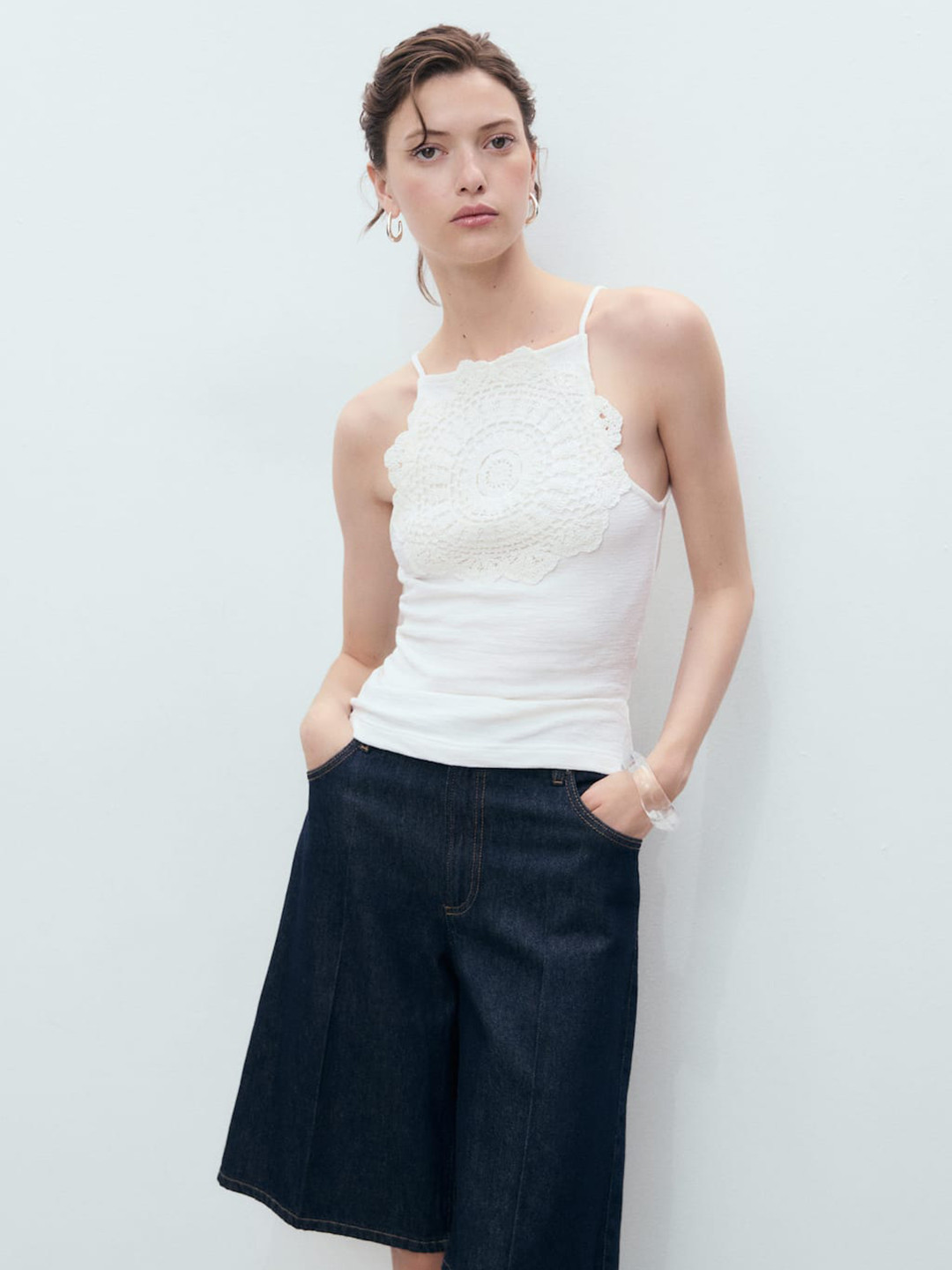 MANGO Floral Applique Detail Shoulder Straps Fitted Camisole Top