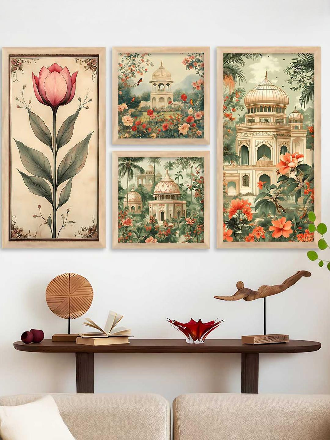 WALLLANE Traditional Architectures and Botanical Theme Wall Painting Pack of 4