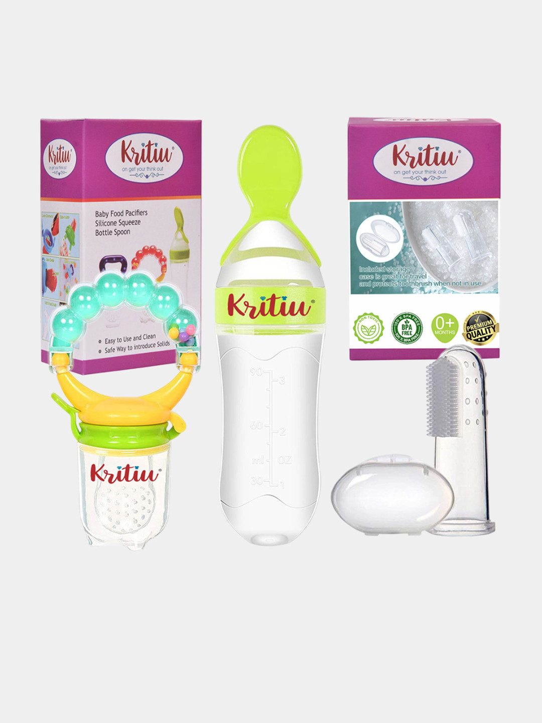 Kritiu Set Of 3 Silicone Squeezy Food & Bottle With Spoon & Figure Brush - Green