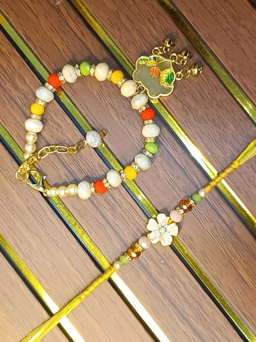 PUFFSMART Artificial Stones Studded & Beaded Bhaiya Bhabhi Rakhis With Roli Chawal Mauli