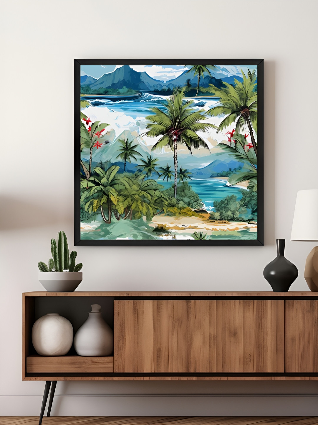999Store Blue & Green Tropical Beach Art Print Vibrant Palm Trees Canvas Painting Wall Art