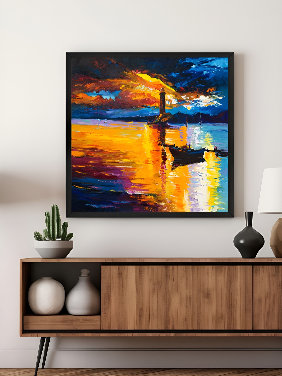 999Store Orange Colored & Blue Lighthouse Printed Canvas Wall Art