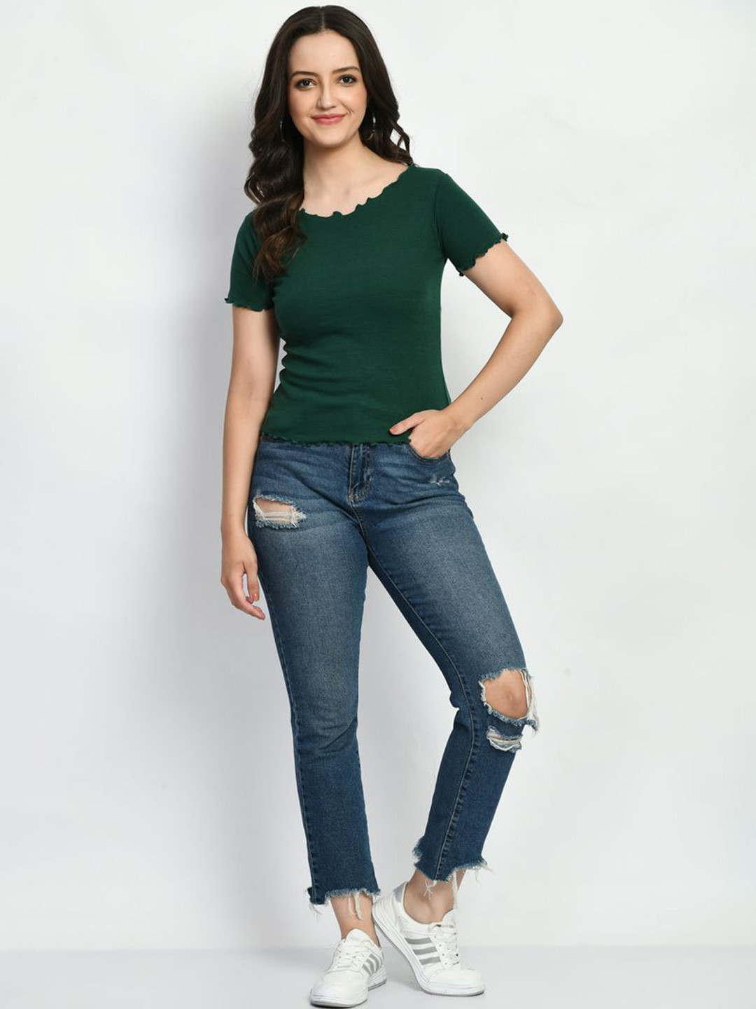 Brainbees Women Green Ribbed Crop Top