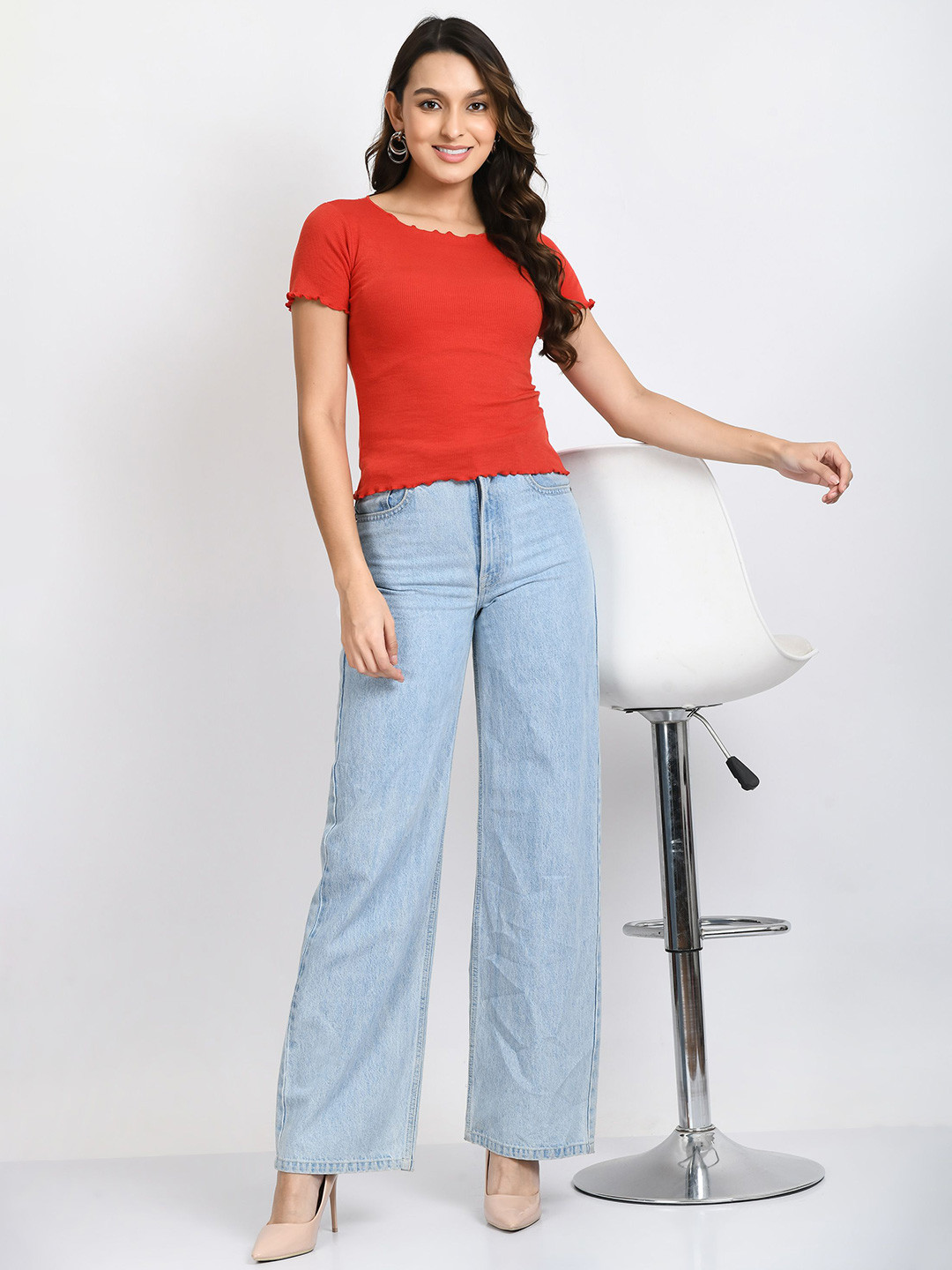 Brainbees Women Red Crop Round Neck Ribbed Cotton Top