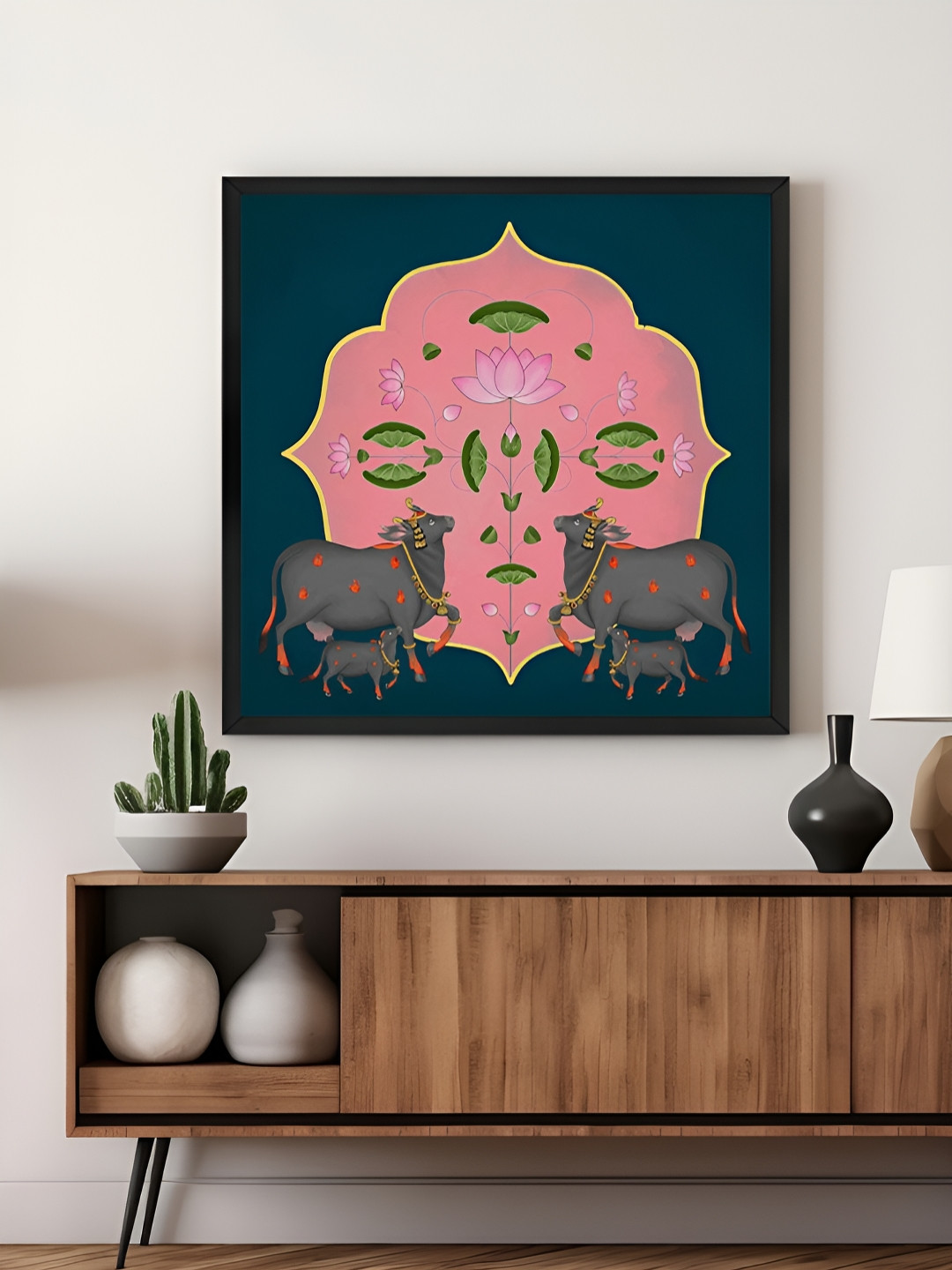 999Store Pink & Grey Symmetrical Cow and Lotus Flower Canvas Wall Art