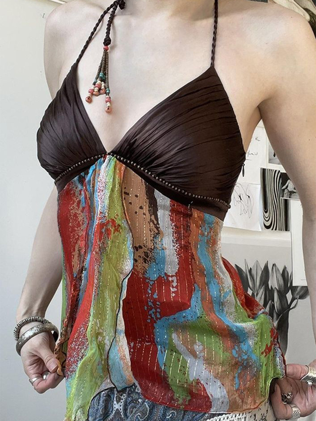 LULU & SKY Women Abstract Printed Tie-up Halter Neck Backless Top