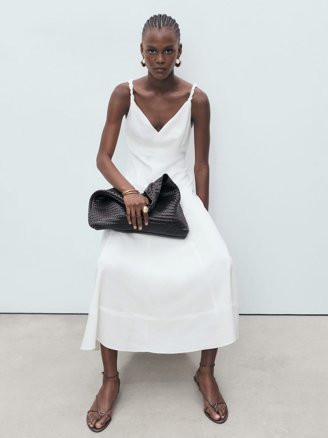 MANGO Braided Straps V-Neck A-Line Midi Dress