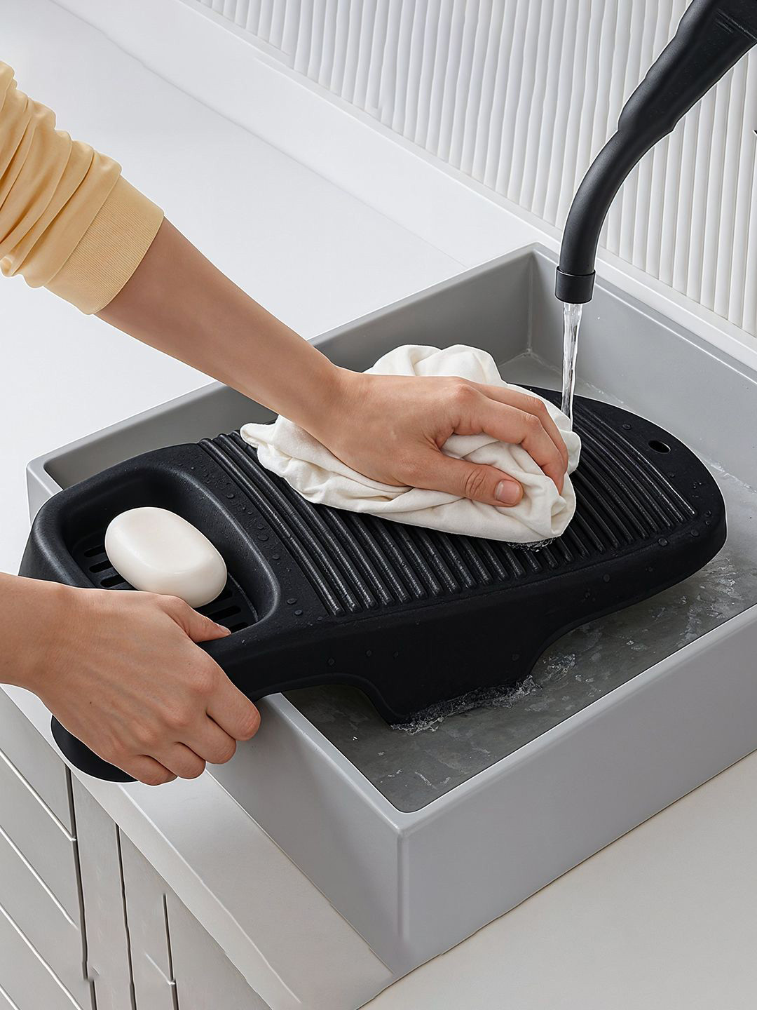 Kuber Industries Black Plastic Hand Washboard for Washing Clothes with Soap Holder