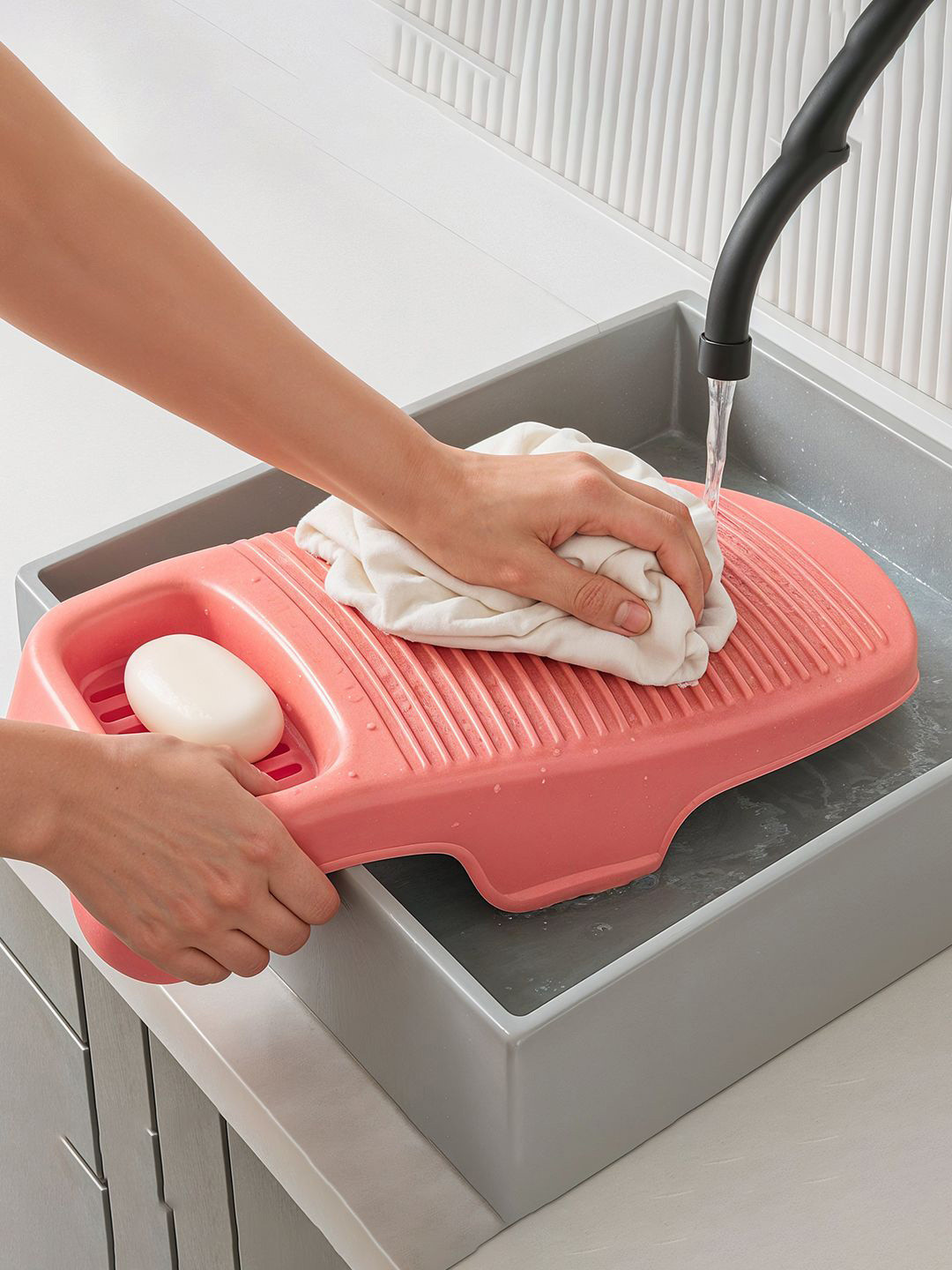 Kuber Industries Pink Plastic Hand Washboard for Washing Clothes with Soap Holder