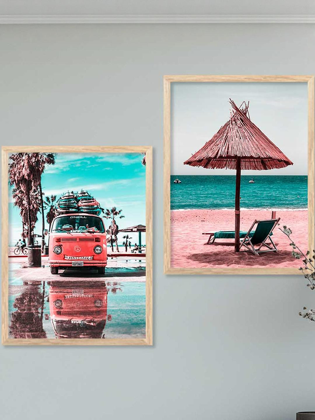 WALLLANE Brown 2 Piece Travel Wall Art Poster With Frame Wall Paintings