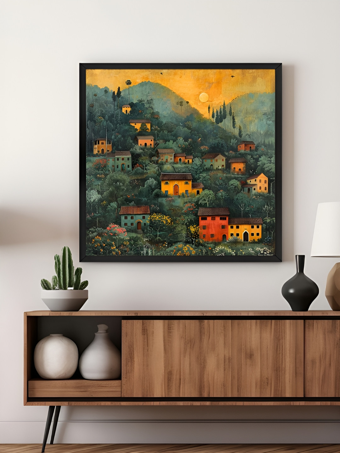 999Store Green & Yellow Village At Dawn In The Hills Canvas Wall Art
