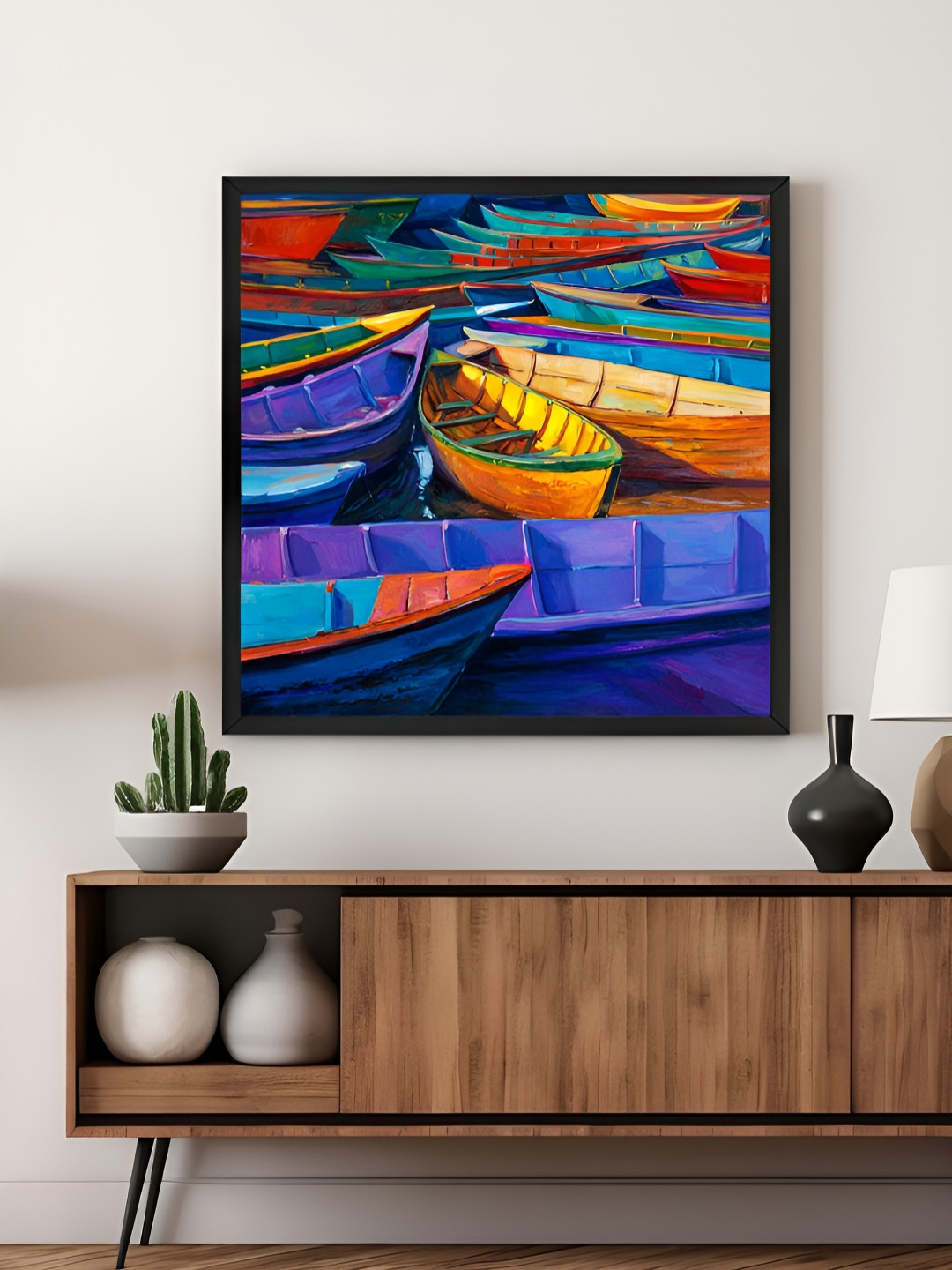 999Store Blue & Yellow Docked Boats Printed Canvas Wall Art