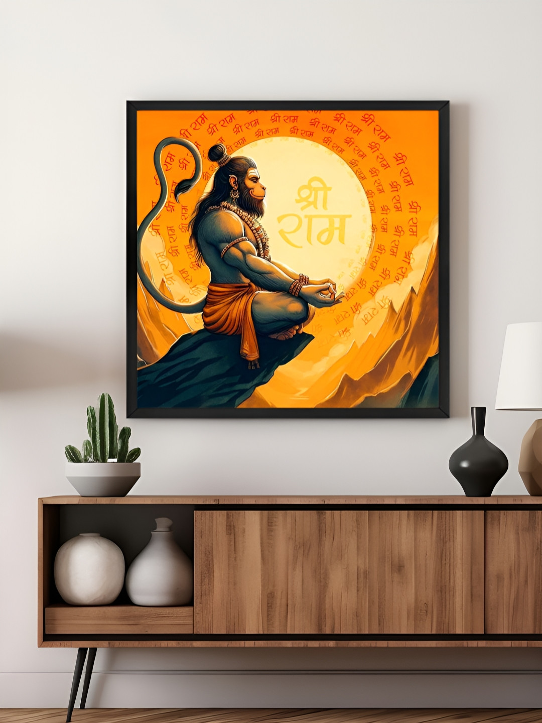 999Store Orange & Black Canvas Hanuman in Glowing Light Religious Wall Art